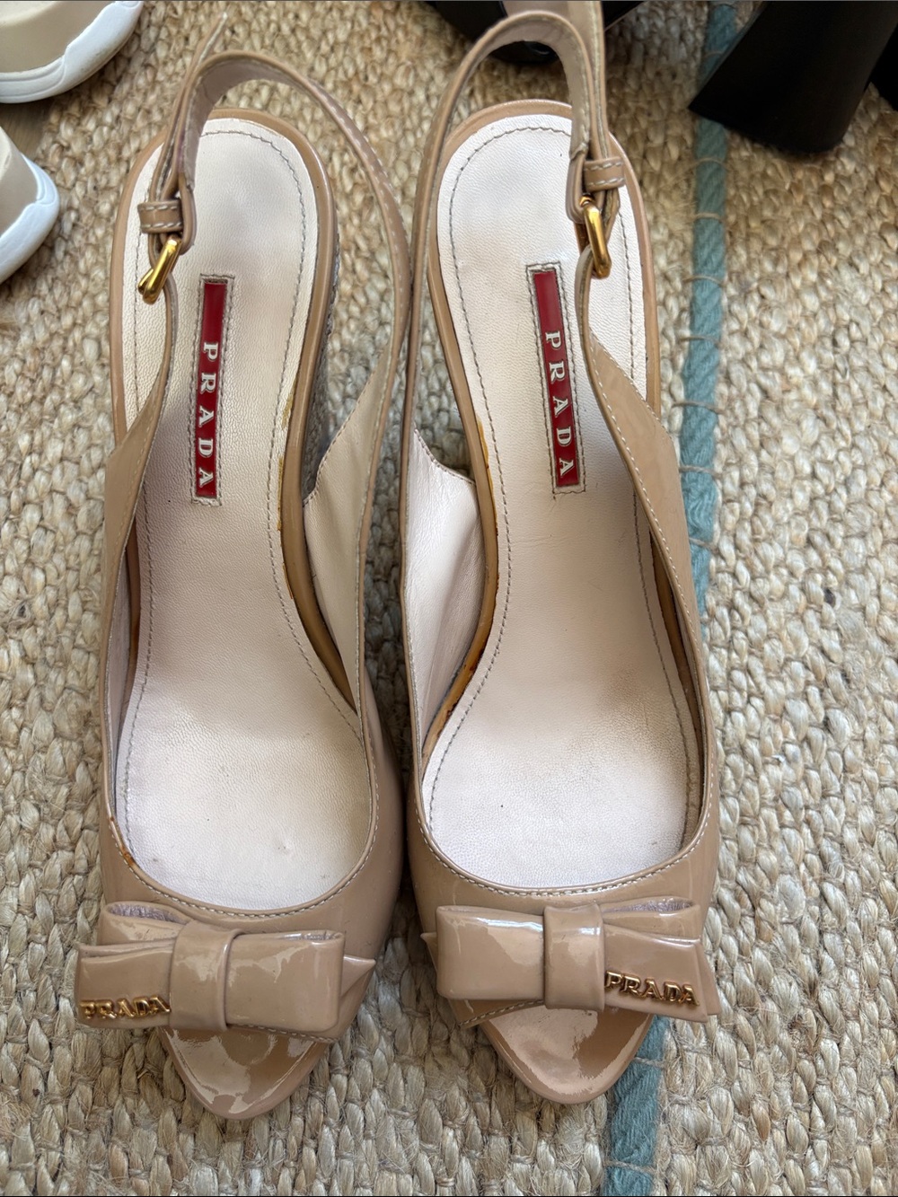 Prada Beige Patent Leather Peep-Toe Slingback Heels with Bow